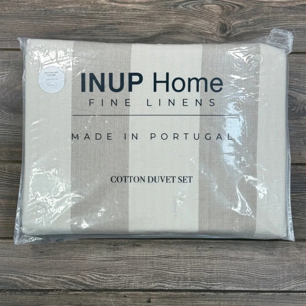 INUP Home Queen Washed Cotton Duvet Set Beige Cream Stripes Made in Portugal